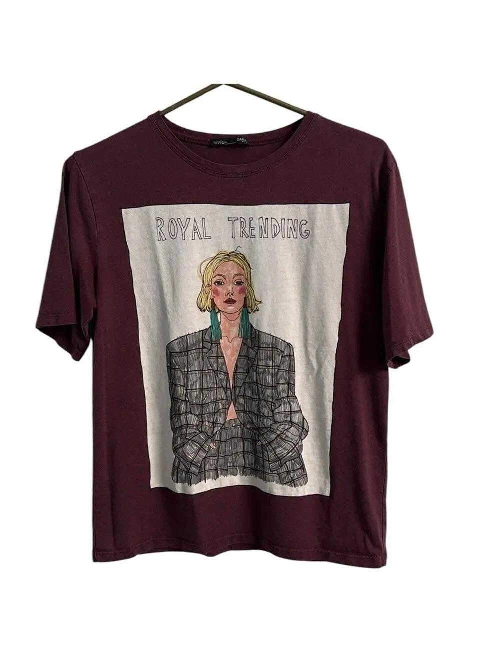 ZARA Royal Trending Graphic Illustration Maroon T-shirt Size Small